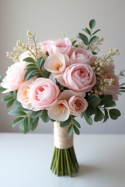 Bouquet da sposa elegante con peonie rosa, astilbe e eucalipto con nastro di seta