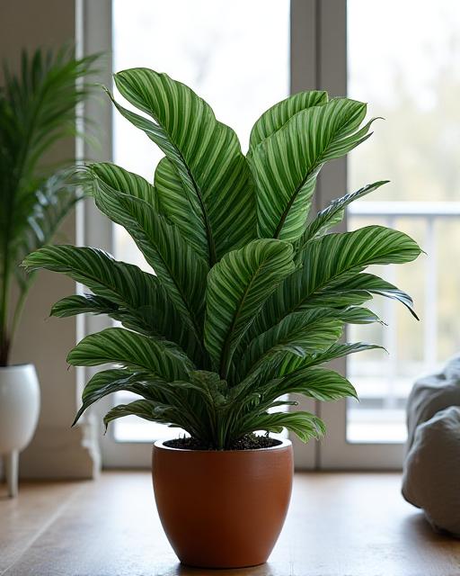 Vaso con una grande Calathea Orbifolia dalle foglie striate in un interno luminoso