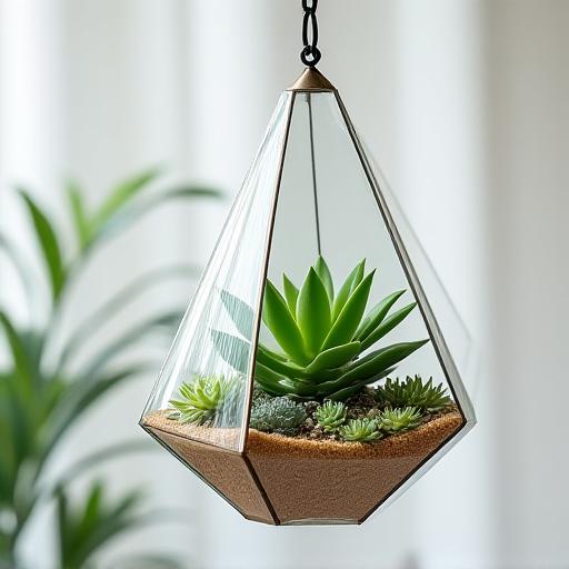 Terrario geometrico in vetro appeso con succulente verdi e sabbia decorativa