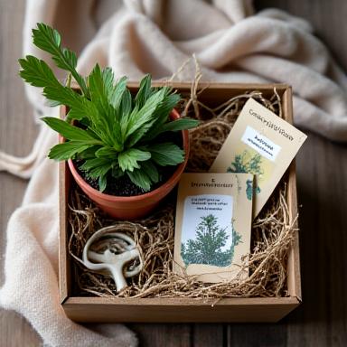 Scatola regalo con piccola pianta in vaso, semi e attrezzi da giardinaggio